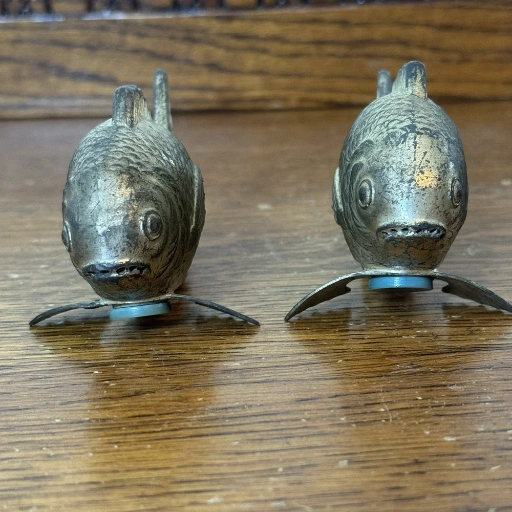 Vintage Brass Fish Salt & Pepper Shakers Set Pair 3